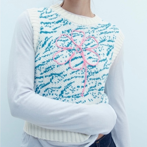 NWOT ZARA Embroidered Floral Knit Sweater Vest - Picture 4 of 9